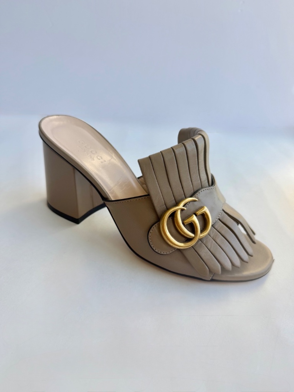 Gucci GG Marmont Fringe Mule Block Heel Beige Leather Size 6 - Picture 4 of 8